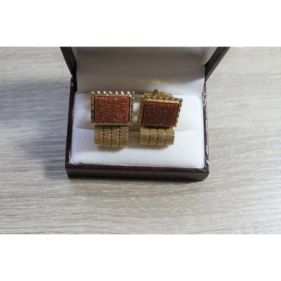 Vintage Goldstone Mesh Cuff Links - Picture 2 of 5